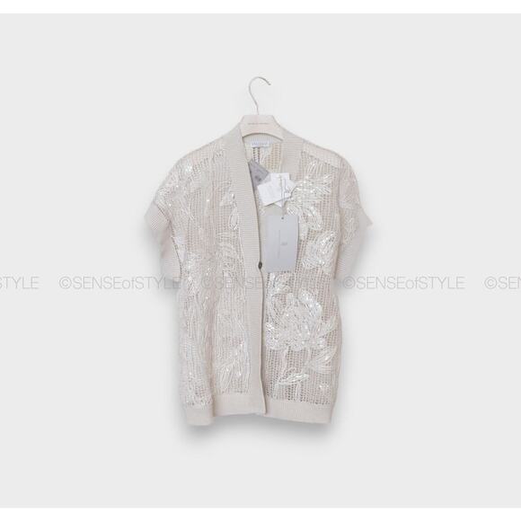 Brunello Cucinelli Women's Cardigan White Top Handmade Floral Size M - Picture 3 of 10